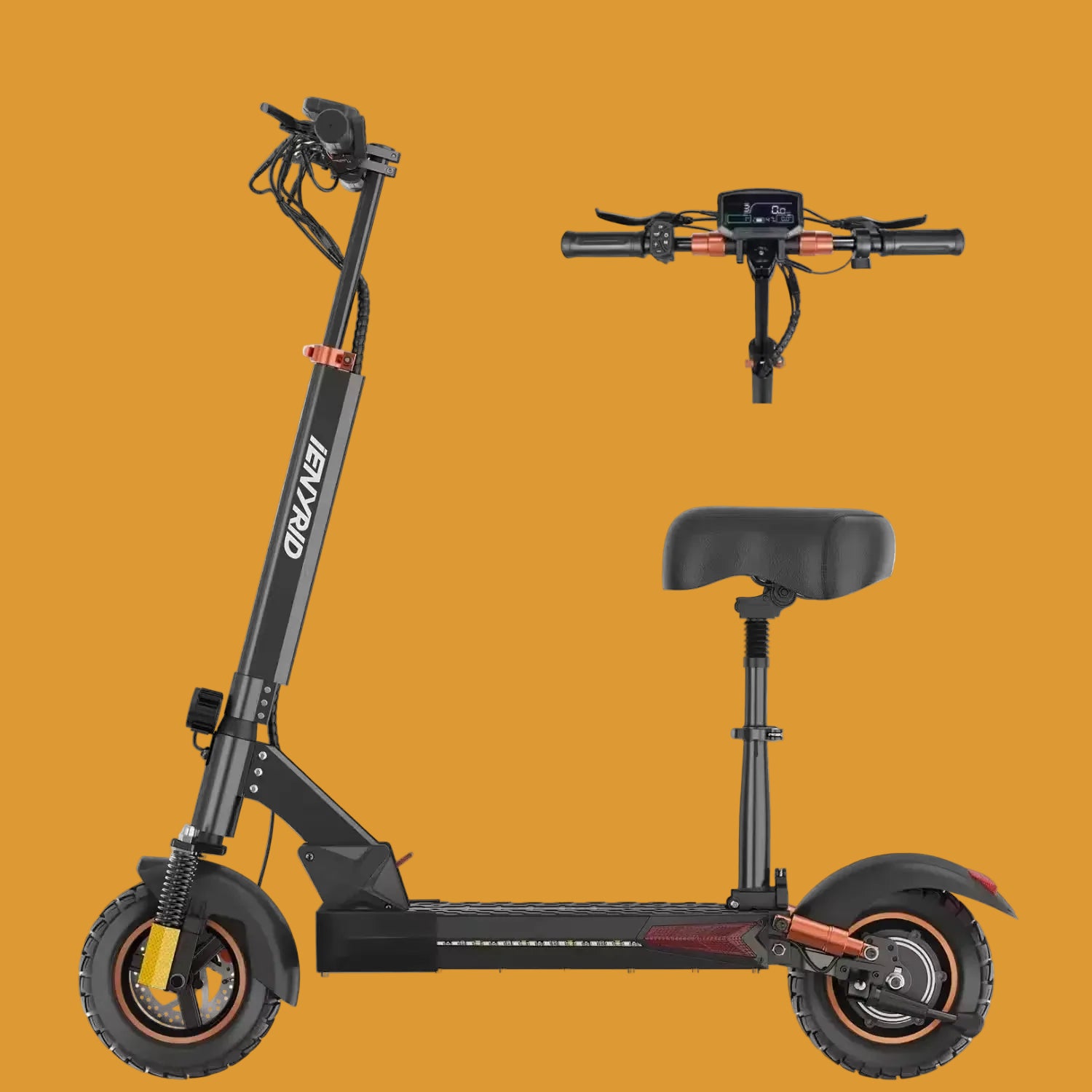 Black electric scooter with seat on a white background